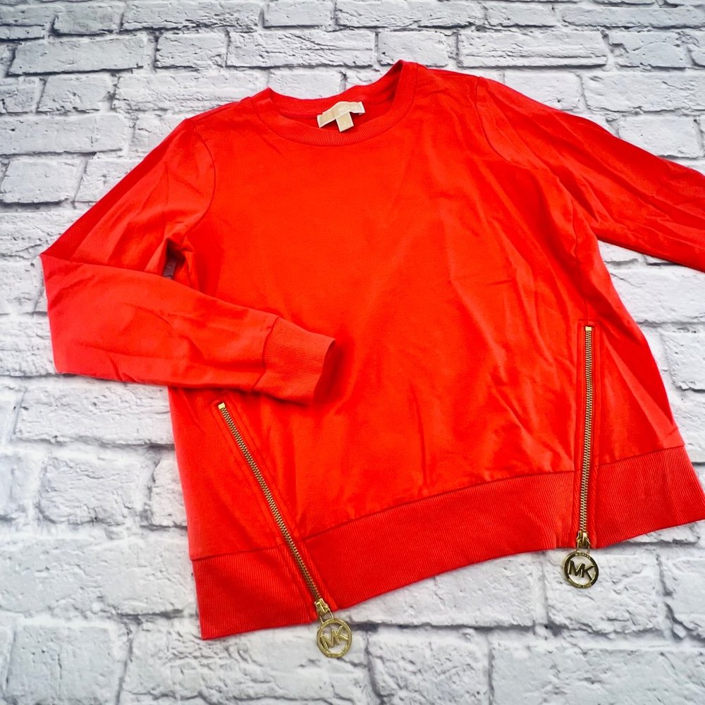 Michael Kors Gold Logo Side Zip Down Sweatshirt Small Coral French Terry Knit